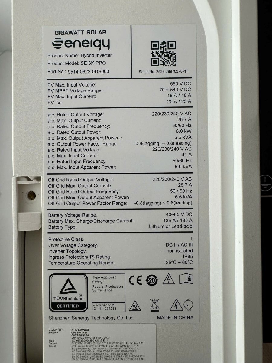 Tem thông số kỹ thuật của Inverter Hybrid Senergy 6K PRO