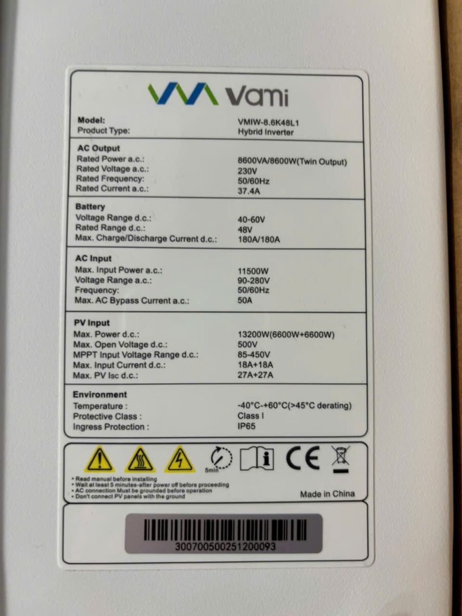 Tem thông số kỹ thuật của Inverter Vami 8.6kW Tem thông số kỹ thuật của Inverter Vami 8.6kW