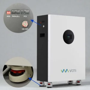 Mặt sau của pin lưu trữ 51.2V314Ah, pack pin được trang bị 4 bánh xe thuận tiện di chuyển