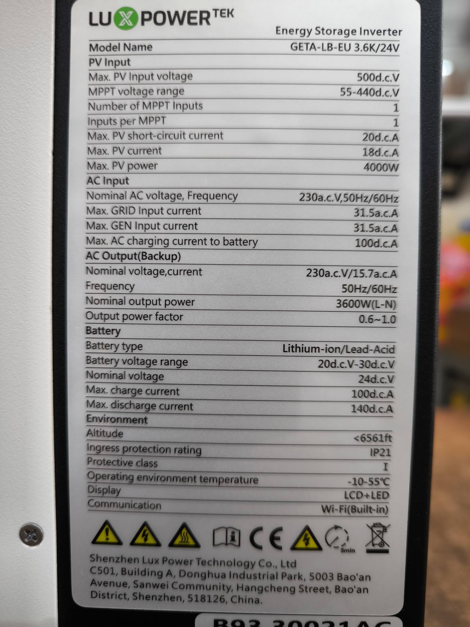 Tem thông số của Inverter Hybrid Luxpower 3.6kW GETA 24V Tem thông số của Inverter Hybrid Luxpower 3.6kW GETA 24V
