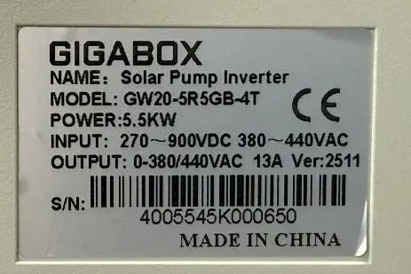 Tem thông số của biến tần bơm năng lượng mặt trời 3 pha 5.5kW Gigabox