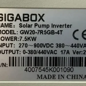 Tem thông số của biến tần bơm năng lượng mặt trời 3 pha 7.5kW Gigabox