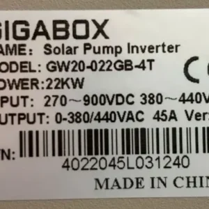 Tem thông số kỹ thuật của biến tần bơm Gigabox 22kW