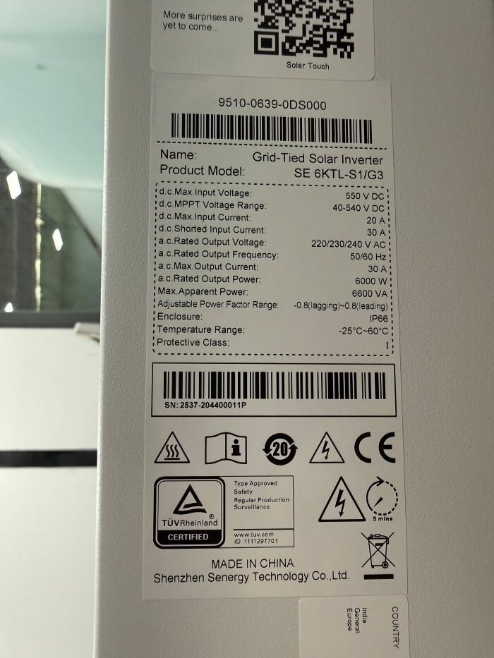 Tem thông số kỹ thuật của inverter hòa lưới bám tải 6kW 1MMPT Tem thông số kỹ thuật của inverter hòa lưới bám tải 6kW 1MMPT