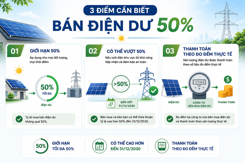 Ba điểm quan trọng về cơ chế bán điện dư điện mặt trời 50%