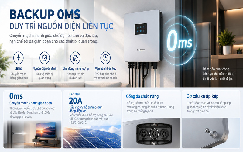 Hệ thống Sungrow chuyển sang nguồn pin dự phòng với thời gian chuyển mạch 0ms