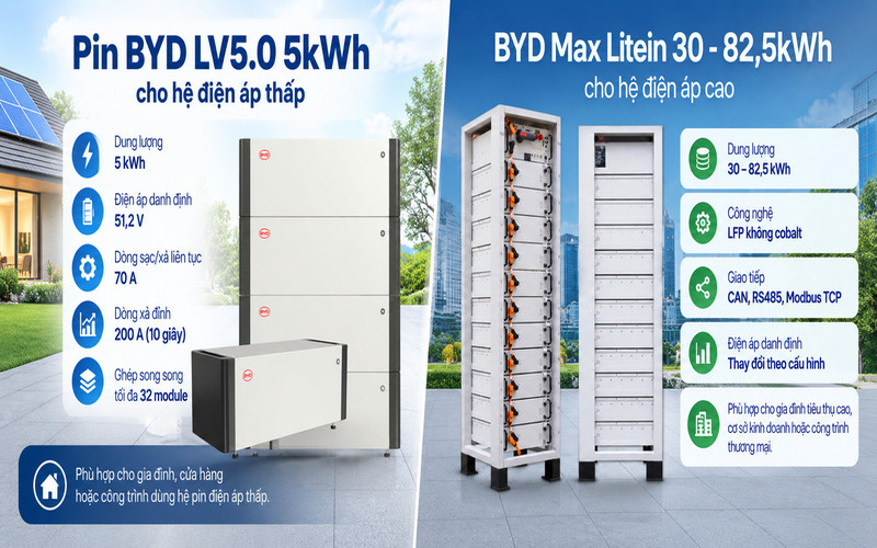 Hai dòng pin BYD LV5.0 điện áp thấp và Max Litein điện áp cao