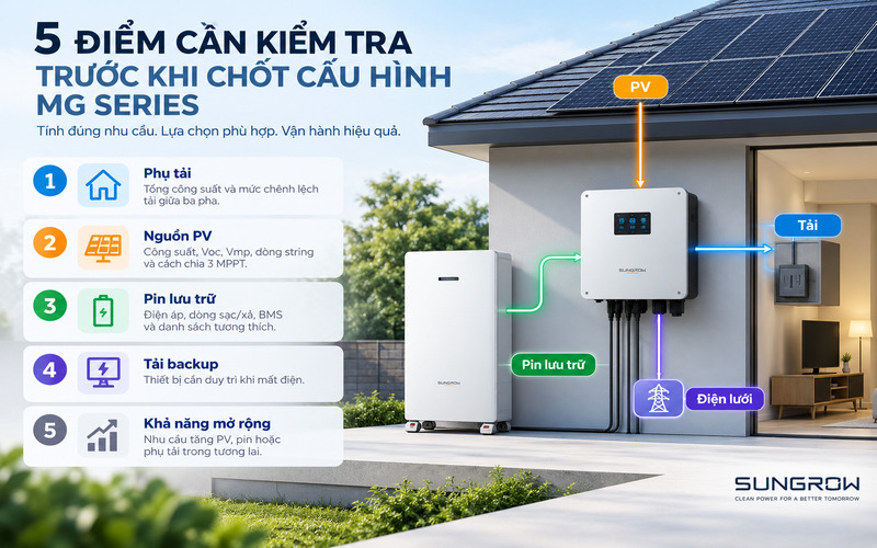 Các yếu tố phụ tải PV pin lưu trữ và backup cần đối chiếu khi cấu hình Sungrow MG Series