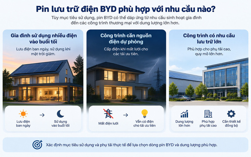 Ứng dụng pin lưu trữ điện BYD cho gia đình dự phòng điện và công trình phụ tải lớn