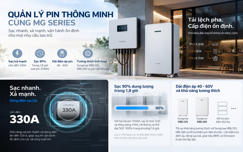 Khả năng sạc xả pin từ 220A đến 330A trên Sungrow MG10TL MG12TL MG15TL